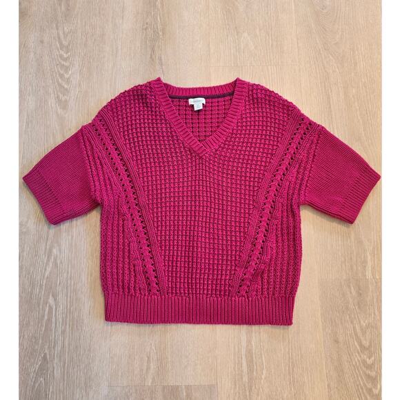Sundance Fuchsia Pink Knit Short Sleeve V-Neck Textured Sweater Top Sz XS - Picture 1 of 3